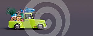 Car with luggage and beach accessories ready for summer travel. Creative vacation concept on grey background 3D Render