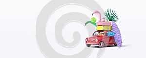 Car with luggage and beach accessories ready for summer vacation isolated on white background 3D Render
