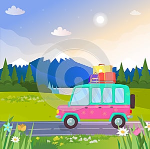 Car with Luggage at Beautiful Nature Background