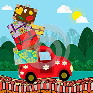 Car with luggage going to the trip . Vector illustration. Eps10 file.