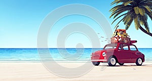 Car with luggage on the roof on the beach ready for summer vacation