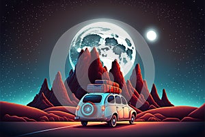 Car with luggage on roof drive on road to mountains on horizon at night. cartoon illustration of landscape with highway, rocks,