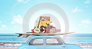 Car with luggage on the roof ready for summer vacation