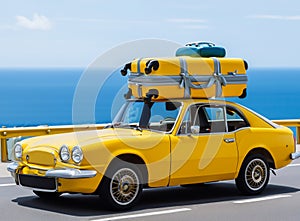 Car with luggage on the roof ready for summer vacation