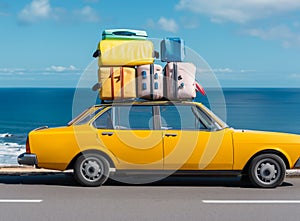 Car with luggage on the roof ready for summer vacation