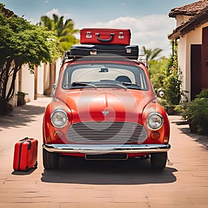 Car with luggage on the roof ready for summer vacation