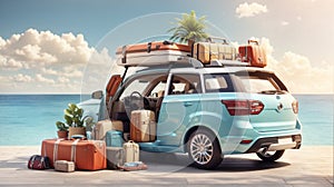Car with luggage on the roof ready for summer vacation 3D Rendering