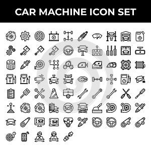 Car machine icon set include brake, gear, wheel, battery, repair, part, piston, steering, filter, spark, turbo, transmission,