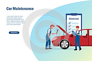 Car maintenance and auto repair service concept. Mechanician fixing and repairing car with check lists.