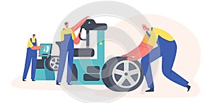 Car Maintenance and Fixing Service. Workers Change Automobile Tires at Garage. Male Characters Wear Uniform Mount Tyres