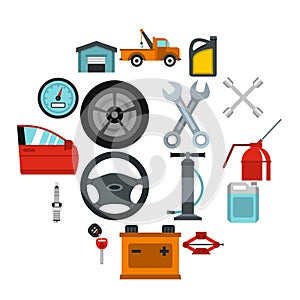 Car maintenance and repair icons set, flat style