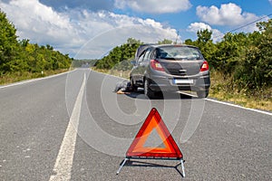 Car malfunction on countryside. Car waiting for help on the road. Car breakdown. Man with car breakdown, phone calling with help