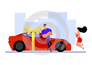 car. man gave his girlfriend a sports car. vector icon in flat style