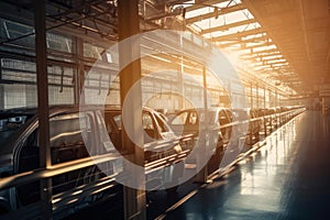 Car manufacturing assembly line illuminated by warm sunlight streaming through factory windows