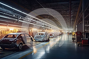 car manufacturing plant during a shift change, with warm light creating a sense of camaraderie