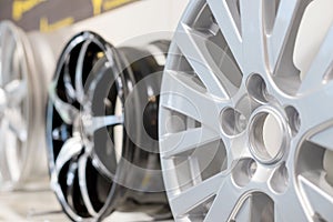 Car max wheel. Magnesium alloy wheel.Various alloy wheels in store, selective focus.car rims isolated.car rims isolated