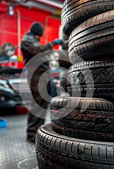 Car mechanic is changing tires in workshop. Man is standing near stack of tires in car repair shop.