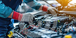 Car Mechanic Checking And Fixing Car Battery And Electrical System In Repair Shop