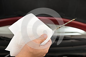 Car Mechanic Holding Dipstick To Repair Car