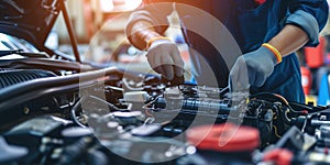 Car Mechanic Repairing Car Battery And Checking Electrical System In Auto Repair Shop