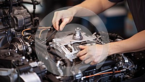 Car mechanic repairing engine in auto repair shop generated by AI