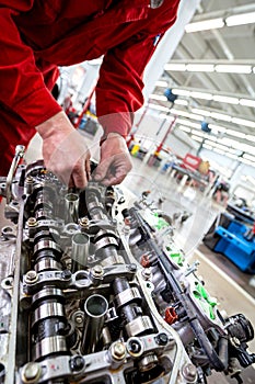 A car mechanic repairs an engine in a car service.