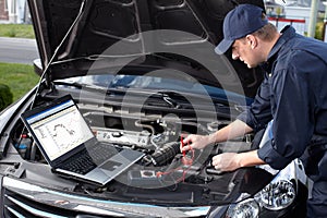 Car mechanic working in auto repair service.