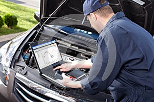 Car mechanic working in auto repair service.