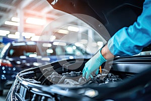 Car mechanic working in auto repair service. Closeup of male hands in gloves repairing car engine, Selective focus hands in gloves