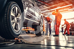 Car mechanics changing tire at auto repair shop garage. Generative AI