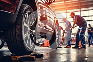 Car mechanics changing tire at auto repair shop garage. Generative AI