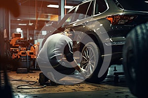 Car mechanics changing tire at auto repair shop garage. Generative AI