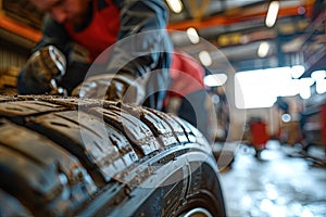 Car mechanics changing tire at auto repair shop garage. Generative AI
