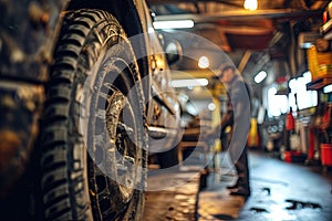 Car mechanics changing tire at auto repair shop garage. Generative AI