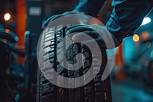 Car mechanics changing tire at auto repair shop garage. Generative AI