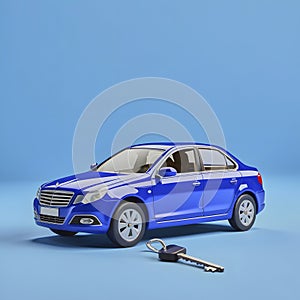 Car mockup with keys next to it on blue background.