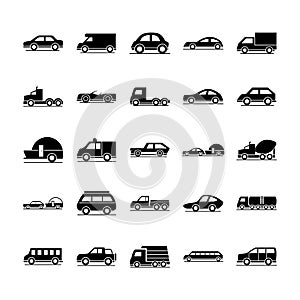 Car model construction passenger public service transport vehicle silhouette style icons set design