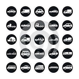 Car model construction passenger public service transport vehicle silhouette style icons set design