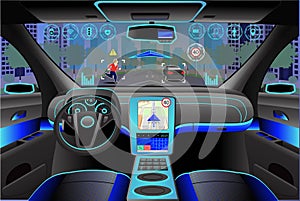 Car modern interior, cockpit view inside. Vector illustration. Artificial Intelligence
