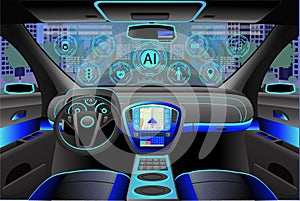 Car modern interior, cockpit view inside. Vector illustration. Artificial Intelligence