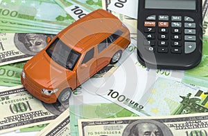 car and money, euro and dollars. insurance concept