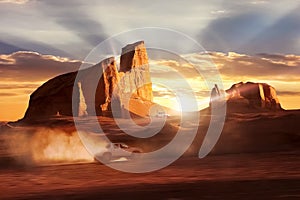 Car in motion in the Dasht-e Lut Desert against sunset. Beautiful rays under the rocks. Iran.