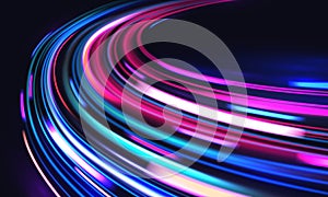 Car motion trails. Speed light streaks vector background with blurred fast moving light effect, blue purple colors on black.