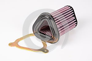 Car motorcycle engine air intake filter with steel stage 2 on isolated white background