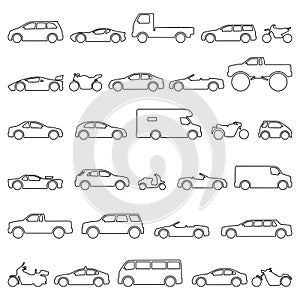 Car and Motorcycle type icons set. Title models moto and automobile