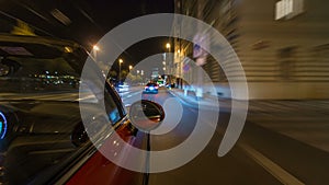 Car moves at fast speed at the night streets timelapse hyperlapse drivelapse.