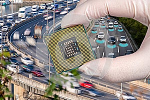 A car moving fast on the road, and A hand holding a CPU chipset