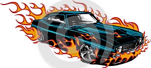 Car muscle old 70s vector illustration with flames