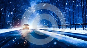 car navigates a snowy, hazardous road through a dark winter forest at night, snowstorm and slippery road photo