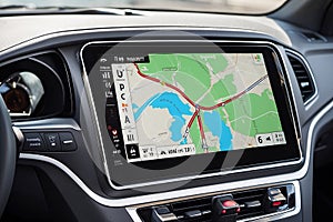 Car Navigation System Display Closeup Showing Map Route